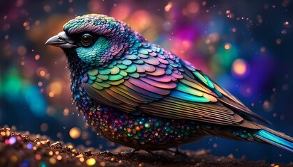 an odalisque, iridescent, majestic transparent sparrow filled with a rainbow core of swirling glitter quicksand in an ethereal - obrazy, fototapety, plakaty