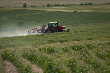 A farm tractor with a trailed sprayer processes a field sown with corn with plant protection...