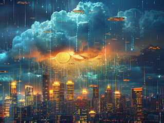 A conceptual image of a storm cloud raining gold coins and bars over a brightly lit city skyline