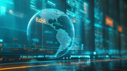 A holographic globe spins in front of a wall of scrolling numbers and charts showcasing the global reach and impact of the complex financial data being yzed.