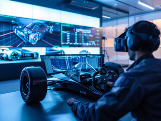 A dynamic shot of a concept car prototype being tested on a virtual reality track