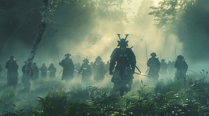 A powerful depiction of a shogun leading his samurai retainers through a misty forest their armor and swords gleaming in the sporadic sunlight