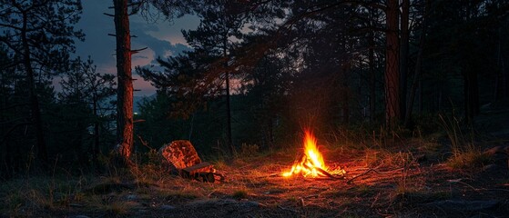 The warm glow of a campfire illuminating the surrounding trees
