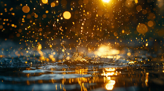A dynamic scene of golden raindrops splashing into a crystal clear pond