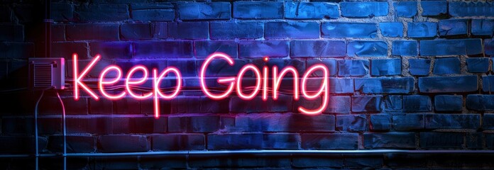 Keep Going in neon lettering, mounted on a rustic brick wall background, serving as a constant reminder of perseverance and determination