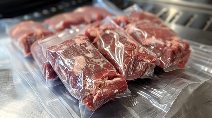 Unpacking meat from reusable fabric bags.
