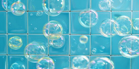 Having bubble bath shower skincare enjoying relaxation moment concept. Floating transparent soap bubbles in blue tile bathroom