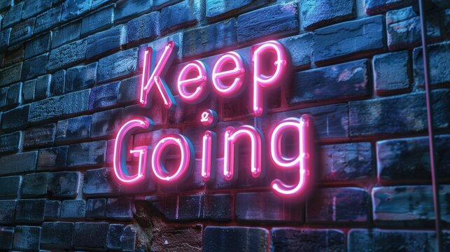 Keep Going in neon lettering, mounted on a rustic brick wall background, serving as a constant reminder of perseverance and determination