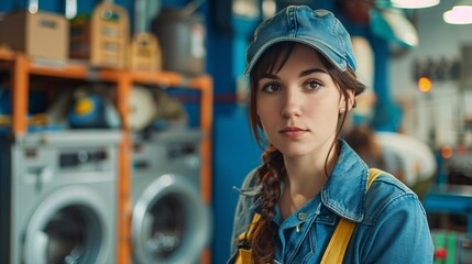 Expert in attire with equipment and euro female laundry appliance.