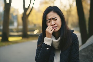 A young woman, around 25 years old, of Asian ethnicity, experiencing severe toothache, outdoors in...