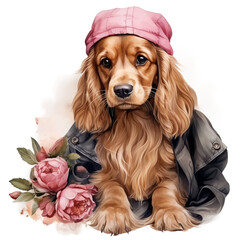 Cocker Spaniels Dog With Pink Flowers, Hat and Black Jacket