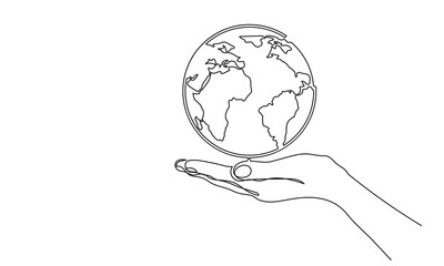 Continuous line drawing of hand-holding earth. single-line palm hand holding earth globe. globe world map vector illustration. human hand holding world planet Earth.