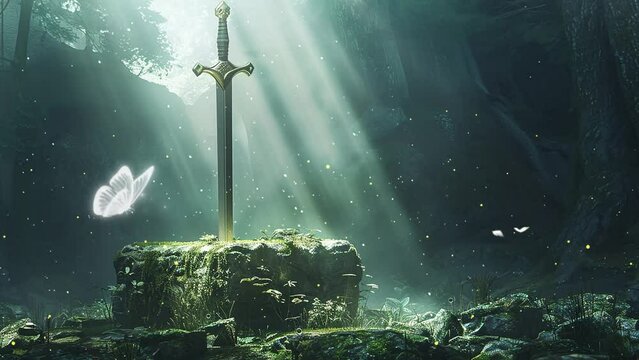 sword in the stone excalibur fantasy background. seamless looping overlay 4k virtual video animation background