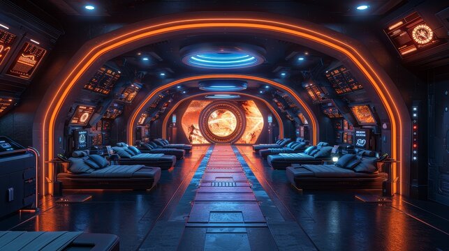 Futuristic athlete training facility using VR and AI to enhance performance analytics.