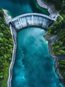 Swiss Alps hydropower dam and lake generating renewable hydroelectric energy to combat climate change viewed from above.