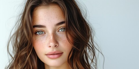 Naklejka premium A youthful brown-haired female posing alone against a white backdrop.