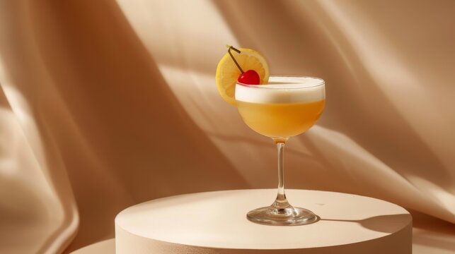 Whiskey Sour cocktail on podium on beige background. Glass of alcoholic drink