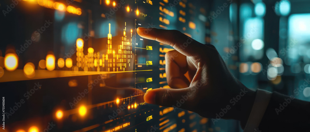Poster close-up of a finger tracing trends on a digital stock market graph with glowing financial data