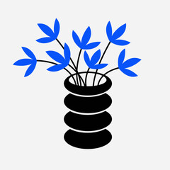 Blue flower set in vase. Ceramic black glass vase with oval pattern. Cute flowers icon. Pottery Glass decoration. Modern abstract aesthetic art. White background. Flat design. - 755400637