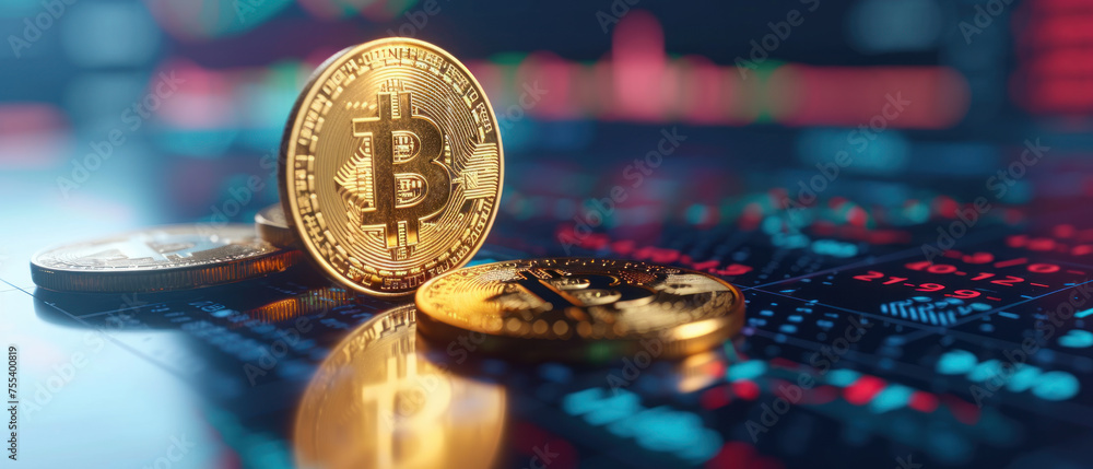 Poster stacks of coins on a financial graph background, representing investment growth and wealth accumulat