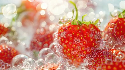 Strawberries submerged in water with bubbles. Close-up food photography