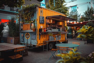 Obraz premium Vintage food truck with rustic decor serving in an urban outdoor setting at twilight.