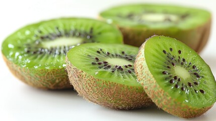 Close-up of a kiwi fruit half with water droplets on a light background.