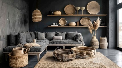 Woven baskets on dark wooden shelves with dried plants in home decor setting. - obrazy, fototapety, plakaty
