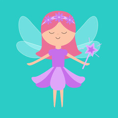 Fairy little princess with wings. Flying fairies. Paper doll. Violet flower dress. Hair decoration, magic wand. Cute cartoon kawaii funny magic character. Flat design. Green background. Isolated. - 755401061