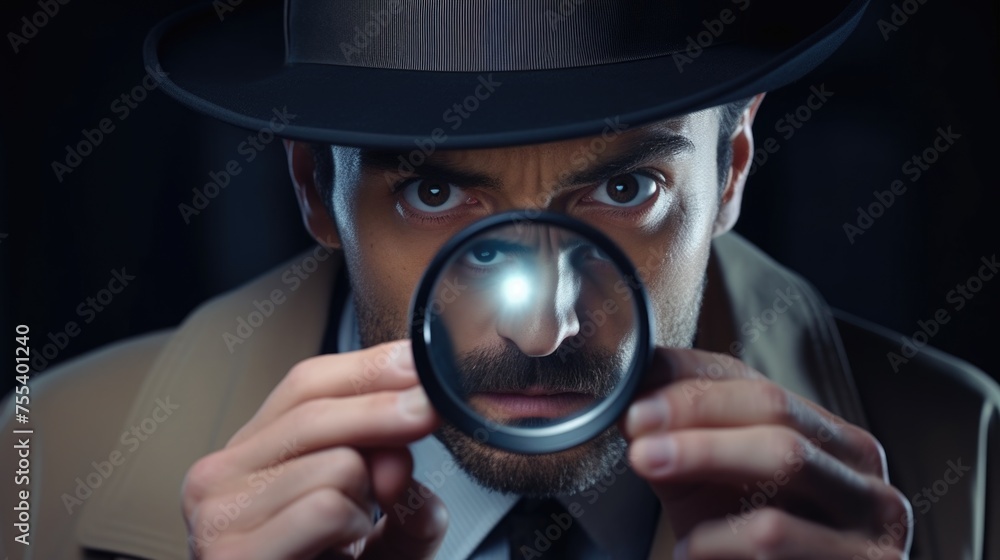 Poster a man in a hat and coat holding a magnifying glass. suitable for detective or investigation concepts