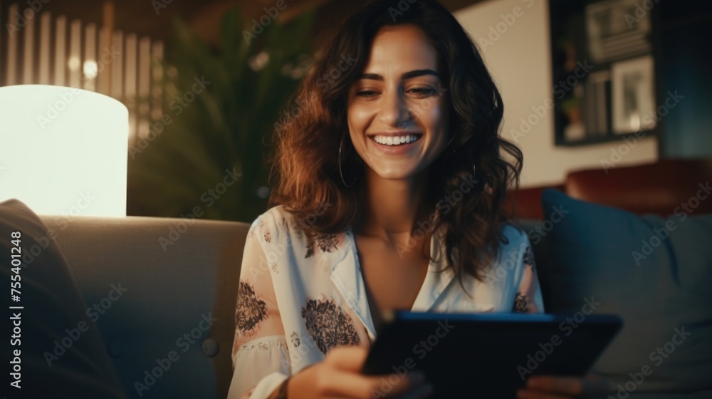 Aufkleber woman sitting on a couch using a tablet computer, suitable for technology and lifestyle concepts