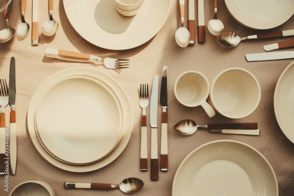 Poster a table set with white plates and silverware. perfect for dining or event concepts