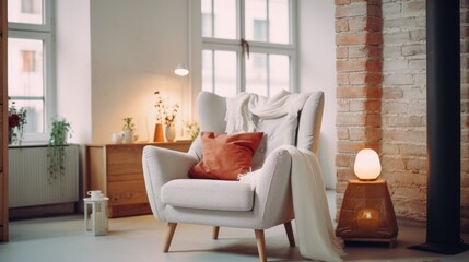 Comfortable living room with chair and lamp, ideal for home decor websites
