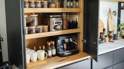 Modern kitchen pantry with organized shelves, coffee machine, and wooden details.