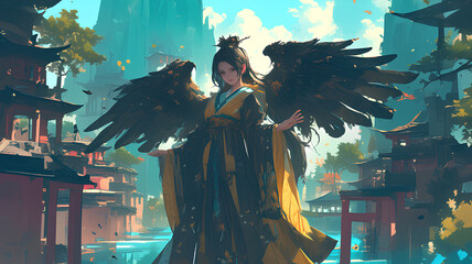anime girl face witch wearing long robe with black feathered wings