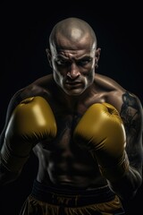Fototapeta na wymiar A bald man wearing boxing gloves, ready for action. Suitable for sports and fitness concepts