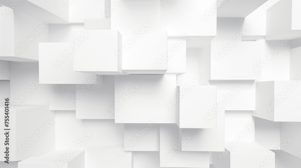 Poster white cubes arranged in a room, suitable for interior design concepts