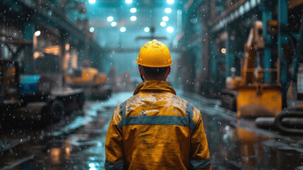 Worker in reflective gear amidst industrial rain, embodying perseverance in harsh working conditions