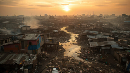 Sunrise over a slum, illuminating the harsh reality of life in underdeveloped urban areas - obrazy, fototapety, plakaty