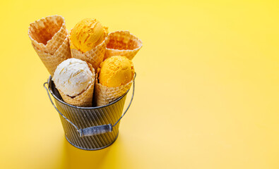 Lemon ice cream in delightful waffle cones - 755401469