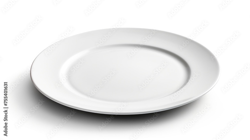Poster Minimalistic image of an empty white plate on a white surface, suitable for food and kitchen concepts