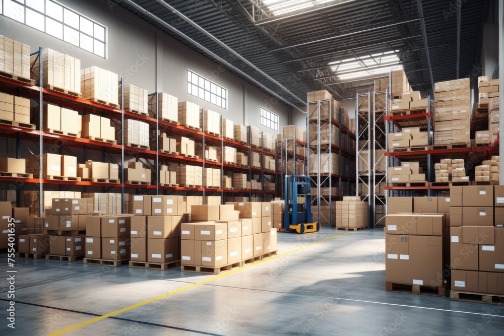 Poster a large warehouse filled with lots of boxes. perfect for logistics and storage concepts