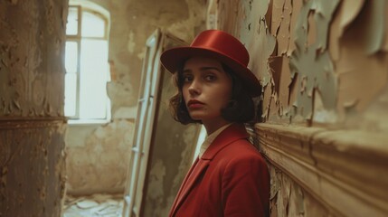 A woman wearing a red hat and coat, suitable for winter fashion concepts