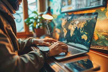 Digital Nomad Using Laptop with World Map Display in Cozy Evening Setting - obrazy, fototapety, plakaty