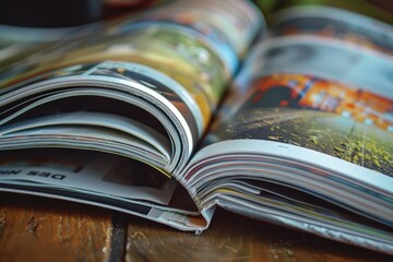 A magazine lying open on a wooden table. Suitable for various design projects