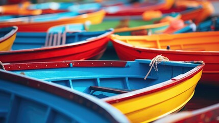Group of colorful boats on a body of water. Perfect for travel and leisure concepts