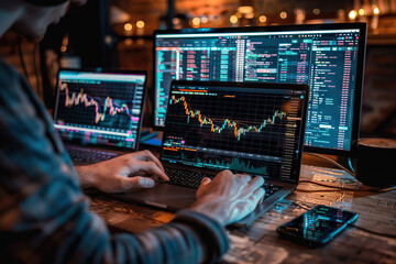 Trader Monitoring Financial Statistics on Multiple Computer Screens at Night