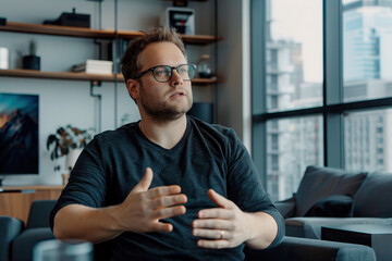 Pensive Businessman in Casual Attire Gesturing during a Meeting in Modern Office

