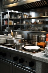 A cluttered kitchen with various pots and pans. Ideal for cooking or restaurant concepts
