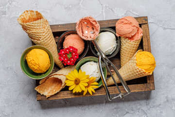 Assorted ice cream flavours in delightful waffle cones - 755401834